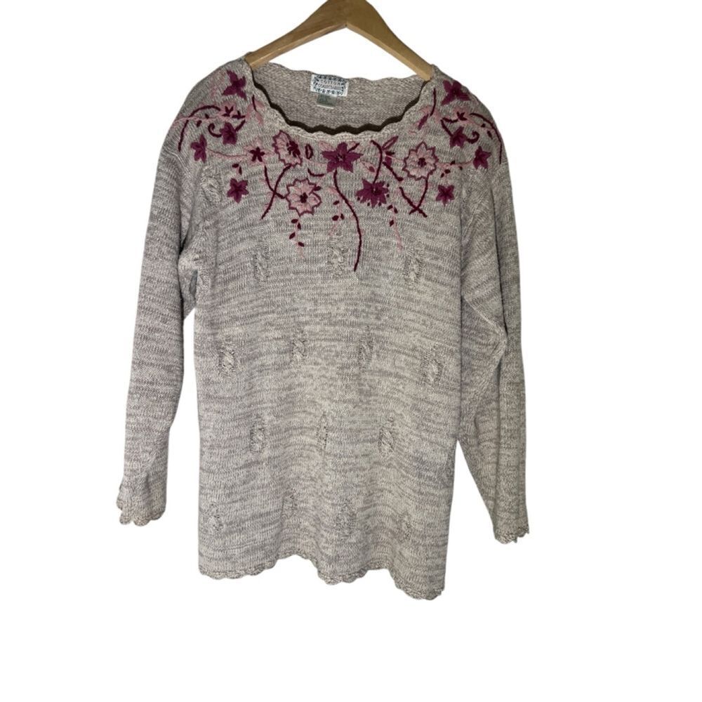 Women's Vintage Cotton Collectibles Sweater Small Cream Pink Embroidered